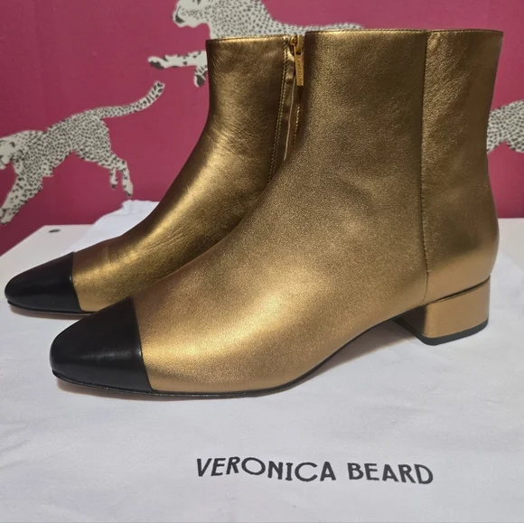 NWT Veronica Beard Cecile Cap Toe Gold Metallic Leather Ankle Boots Size 9M - Picture 7 of 9